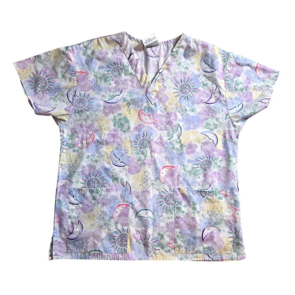 Crest V-Neck Celestial Sun Moon Star Scrub Top Purple M Pastel Retro Vtg 90s